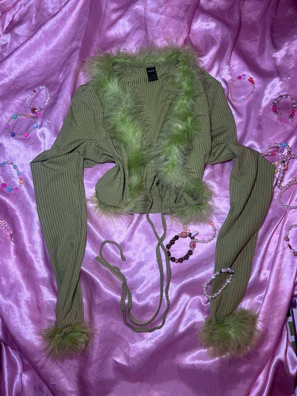 SHEIN Lime Green Ribbed Faux Fur Trim Cropped Long Sleeve Cardigan Shrug